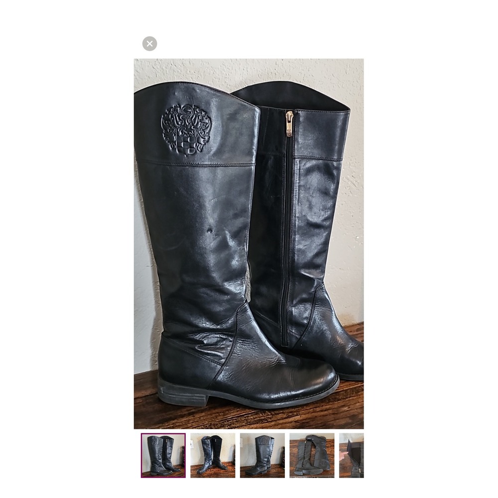 Vince Camuto Black Leather Riding Boots Knee High Embossed Crest Logo women's 9m